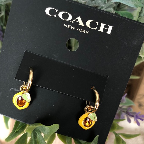 Coach Gold Tone Huggie Hoop Earrings Lemon Charm & Crystal Accent NWT - Picture 16 of 16